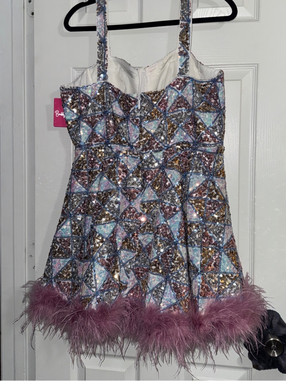 Buddy Love Iridescent Sequin Party Dress with Pink Feather Trim - Picture 2 of 3